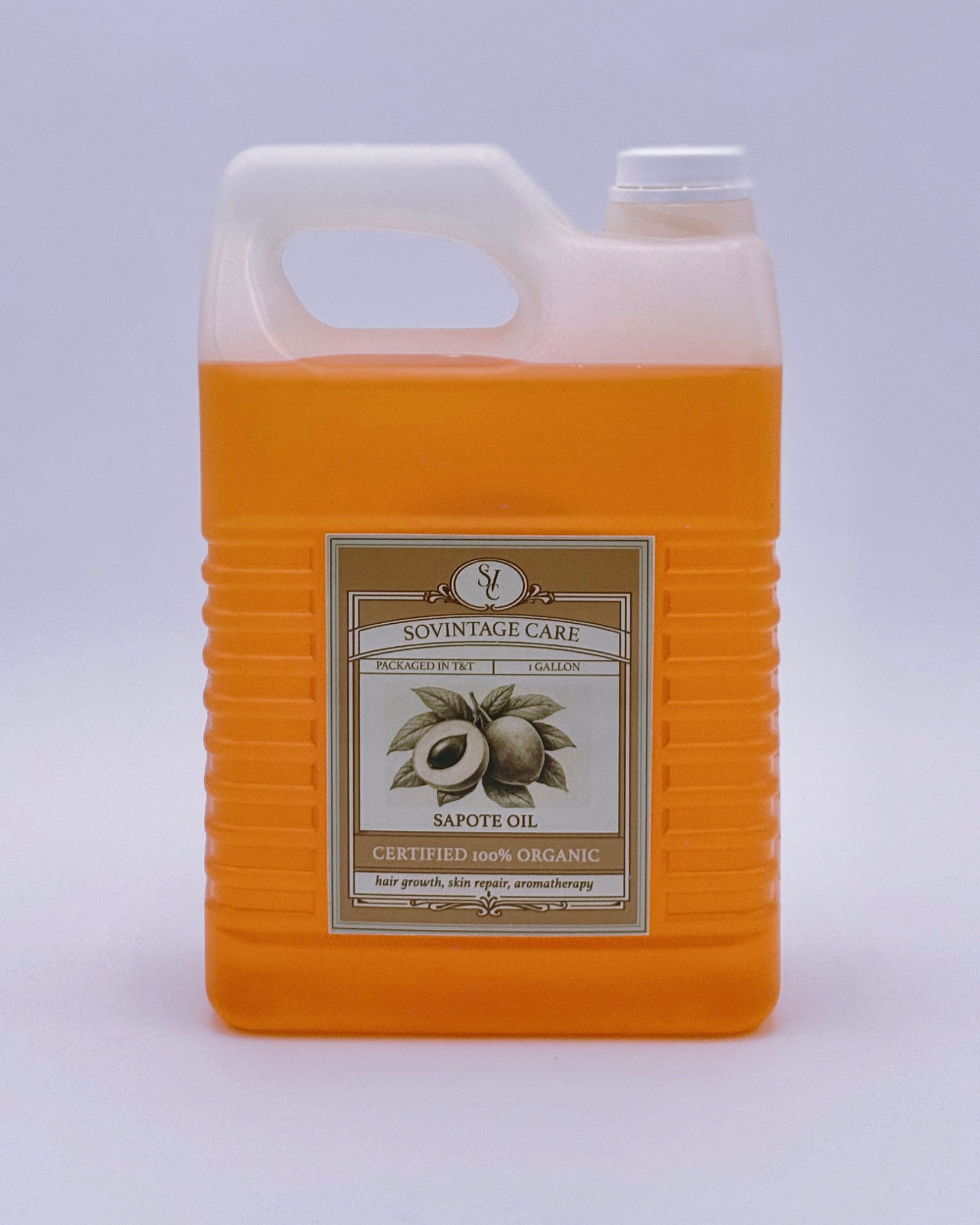 Wholesale Sovintage Care Sapote Oil gallon bottle, natural moisturizing oil with a dark amber liquid inside a clear container.