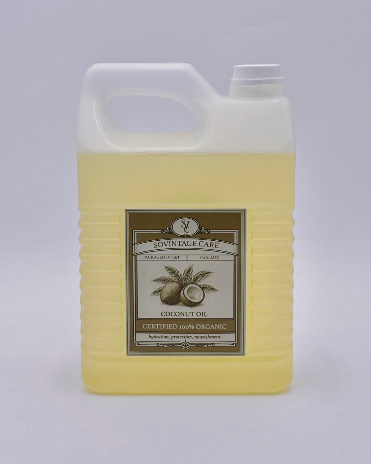 Wholesale Sovintage Care coconut hair oil in a 1-gallon container, showing the clear bottle filled with golden coconut oil.