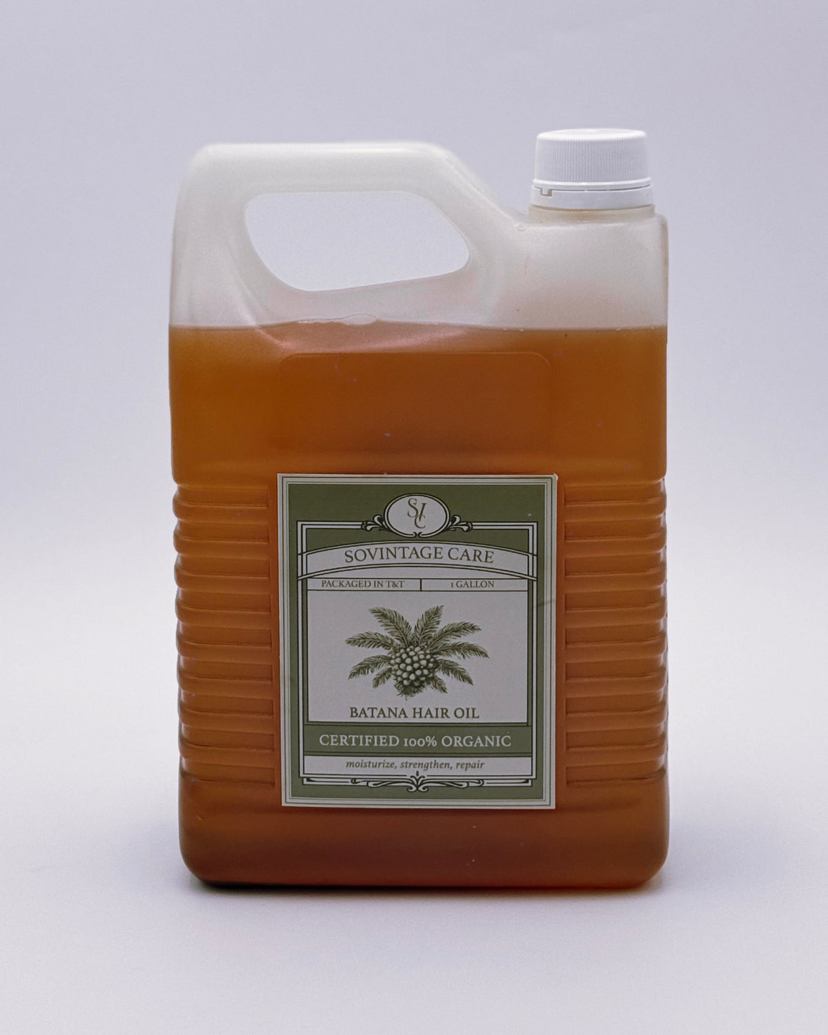 Wholesale Sovintage Care Batana Oil gallon bottle, natural hair and skin treatment, clear plastic container with label, side view.