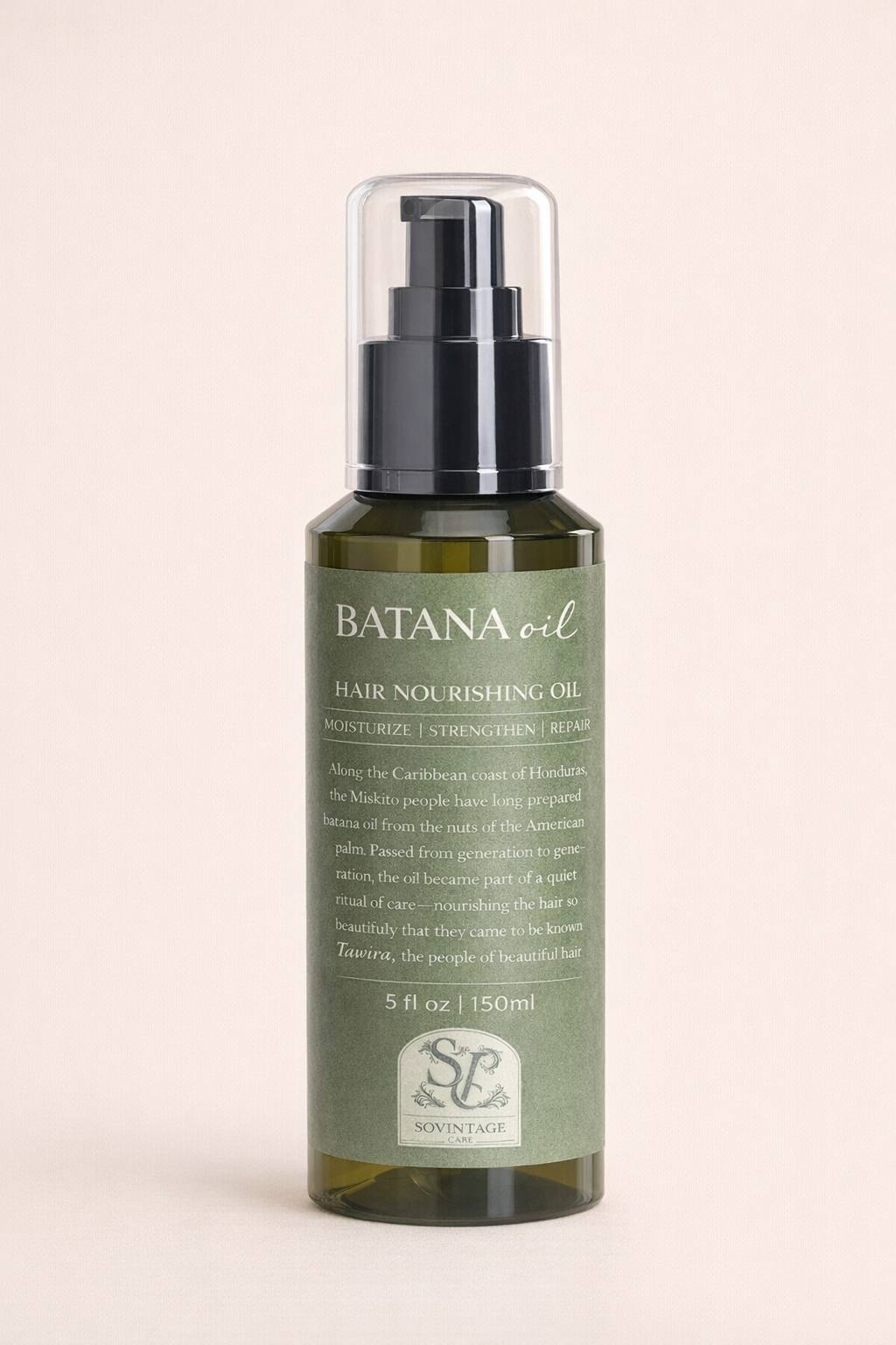 Sovintage Care Batana Oil for skin care, showing a glass bottle with dark liquid and a dropper on a white background.