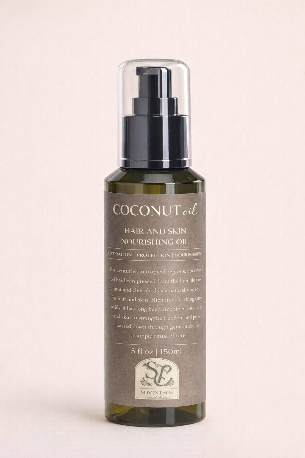 Sovintage Care coconut oil jar with a scoop, showcasing the natural, creamy texture of the organic coconut oil in a clear glass container.