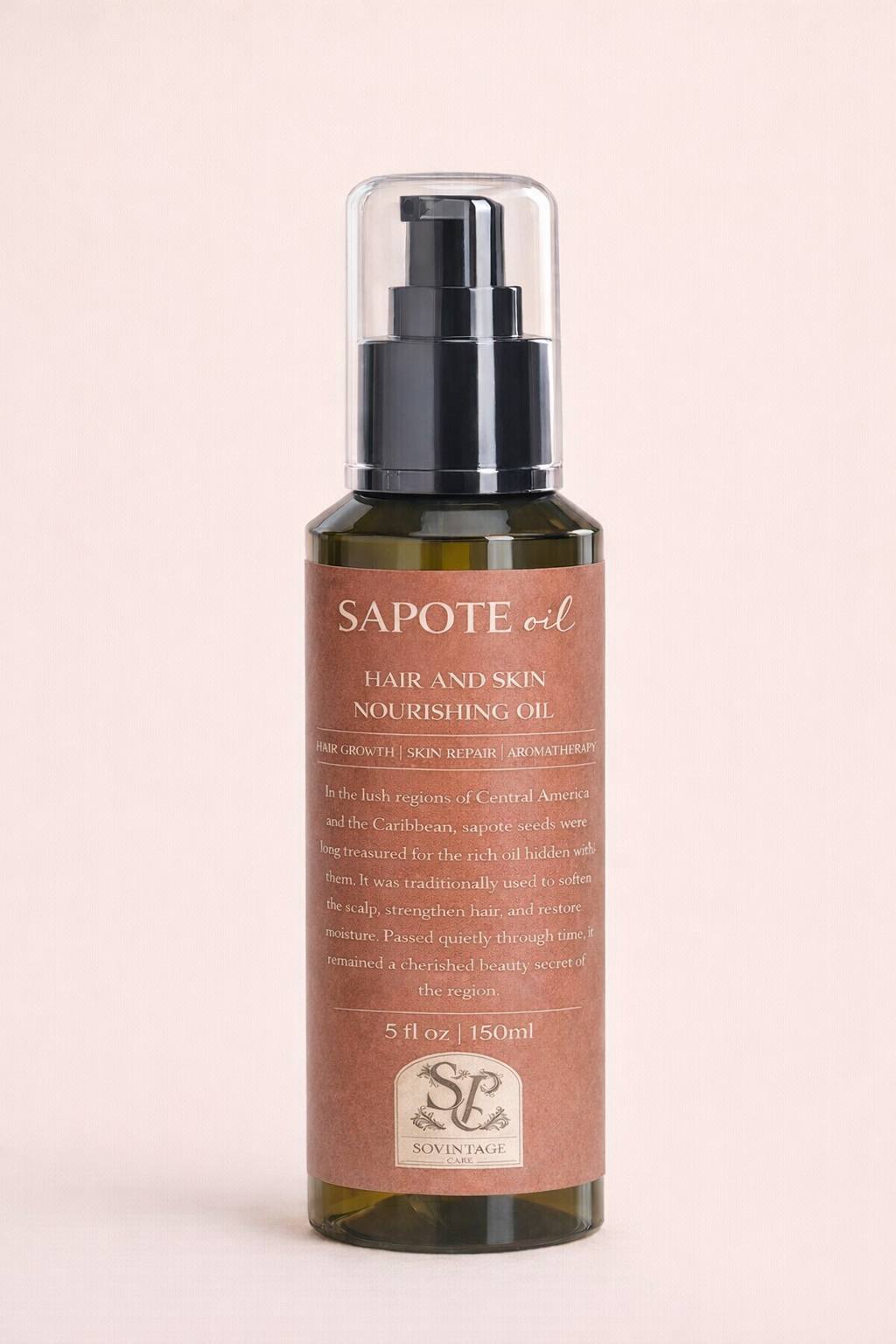 Sovintage Care Sapote Oil bottle with a golden liquid fill, displayed on a neutral background.